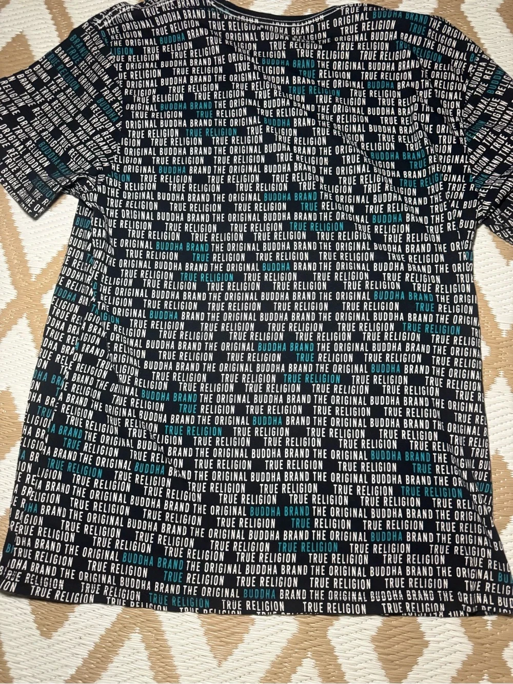 True Religion Black Short Sleeve Tee with White Logo and Teal Stripes